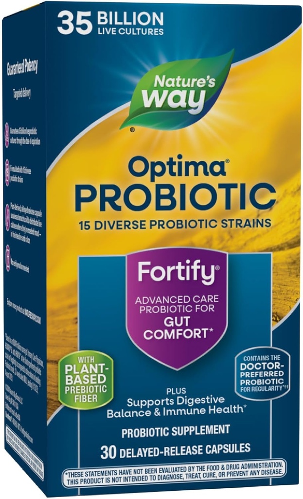 Nature's Way Fortify Optima Probiotic pour les adultes, 35 milliards de cultures vivantes, 15 souches, soutient l'équilibre digestif et la santé immunitaire*, pas de réfrigération nécessaire, 30 capsules (paquetage mai vary)
