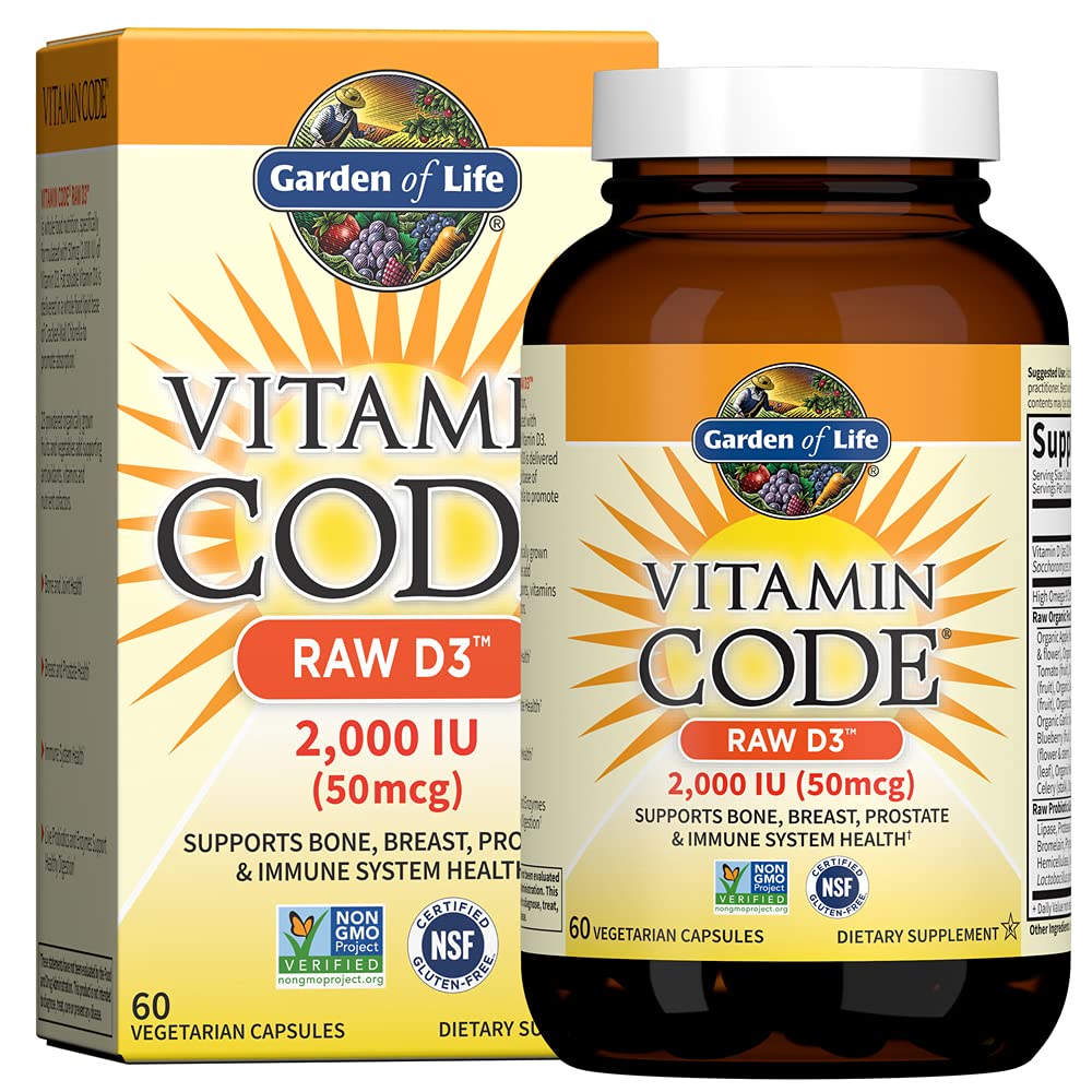 Jardin de la vie Vitamine D, Code Vitamine Raw D3, Vitamine D 2,000 UI, Raw Whole Food D3 Suppléments avec Chlorella, Fruits, Végétiques et Probiotiques pour la santé des os et immunitaires, 60 Capsules végétariennes