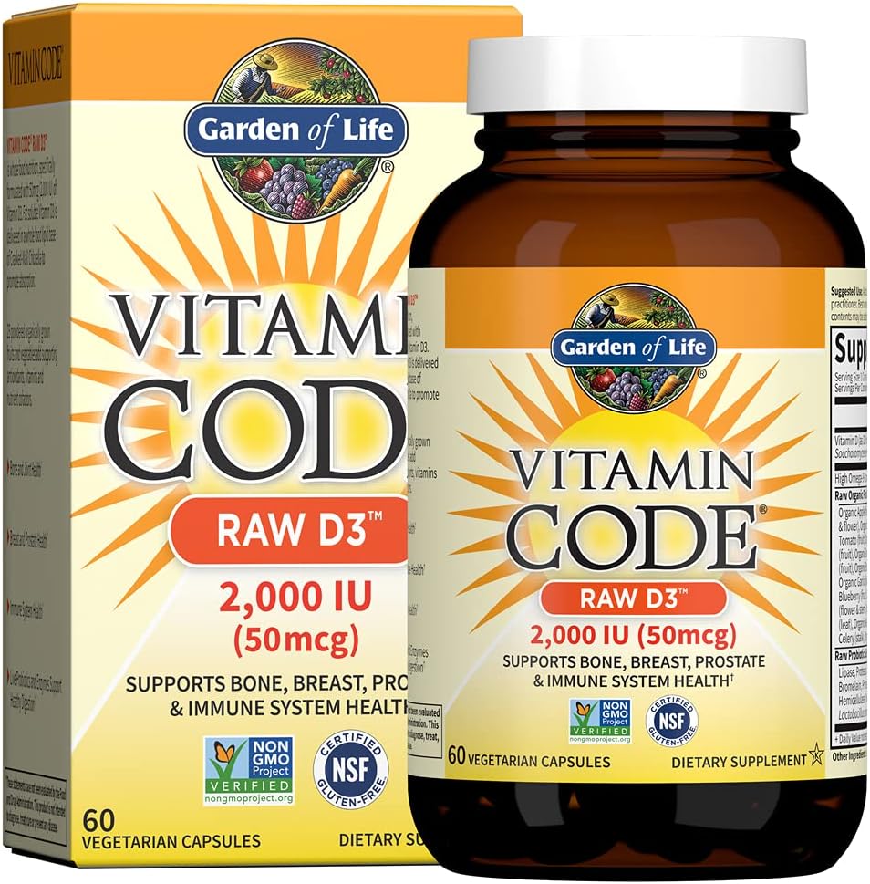 Jardin de la vie Vitamine D, Code Vitamine Raw D3, Vitamine D 2,000 UI, Raw Whole Food D3 Suppléments avec Chlorella, Fruits, Végétiques et Probiotiques pour la santé des os et immunitaires, 60 Capsules végétariennes