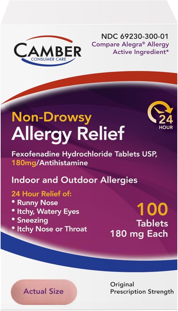 Camber Fexofenadine Antihistamine Non-Drowsy Indoor Outdoor 24h Médecine anti-allergie 100 Comprimés
