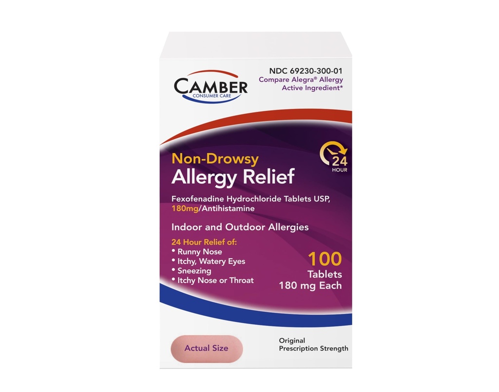 Camber Fexofenadine Antihistamine Non-Drowsy Indoor Outdoor 24h Médecine anti-allergie 100 Comprimés