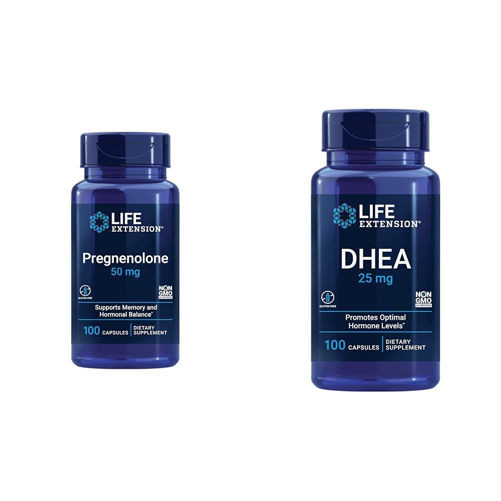 Prolongation de la durée de vie Pregnenolone 50mg et DHEA 25mg - Hormone Balance et Suppléments Anti-Age - 100 Capsules Chaque
