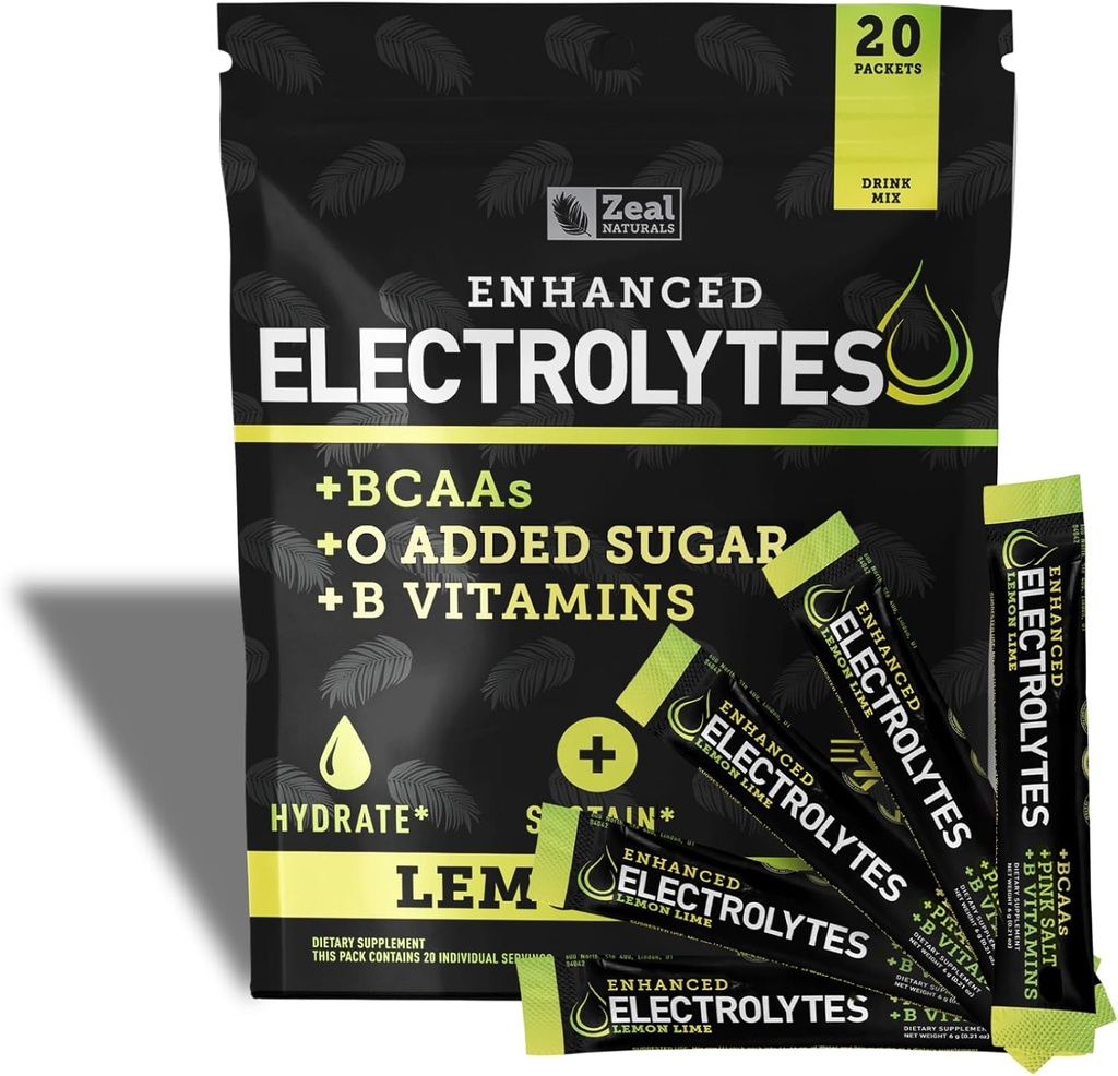 Boîtes de poudre d'électrolytes améliorées (Lémon Lime) avec 20 paquets de sucre + BCAA + B-Vitamines Supplément d'électrolyte avec Zinc et Magnésium de potassium pour l'hydratation - Electrolytes de kéto