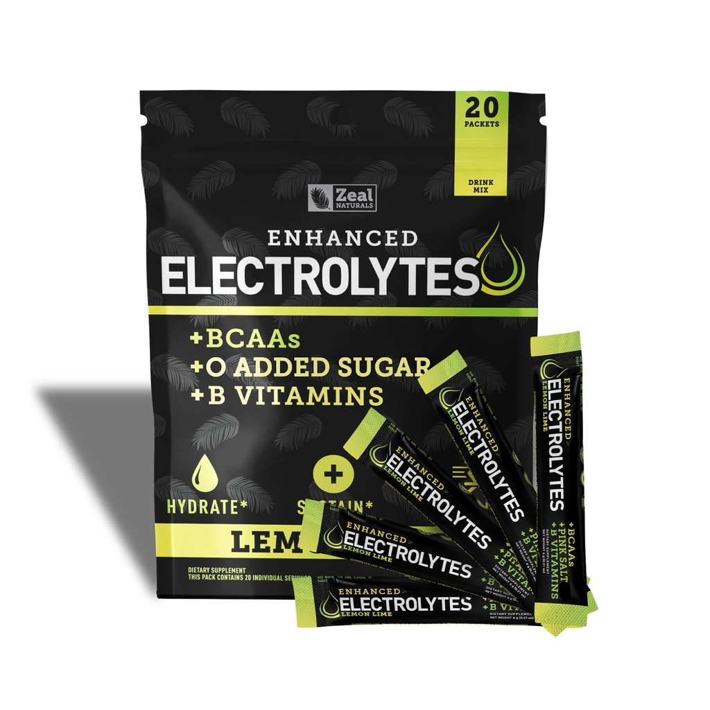 Boîtes de poudre d'électrolytes améliorées (Lémon Lime) avec 20 paquets de sucre + BCAA + B-Vitamines Supplément d'électrolyte avec Zinc et Magnésium de potassium pour l'hydratation - Electrolytes de kéto