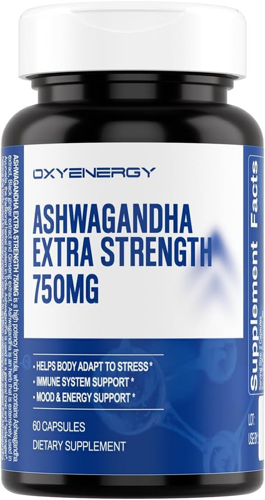OxyEnergy Ashwagandha Extra Strength-750mg-Stresse Relief- Immune & Energy Support - Sans gluten, sans lait et sans soja - 60 capsules