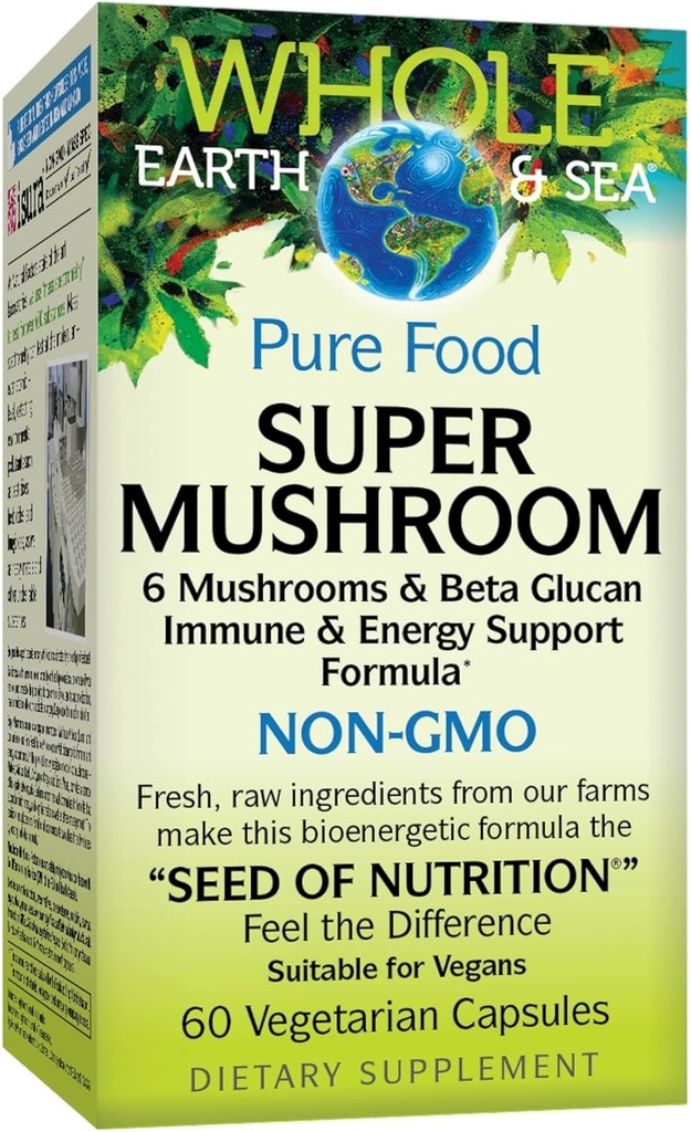 Terre et mer entières à partir de facteurs naturels, Super Champignon, Complément alimentaire entier, Vegan, 60 capsules végétariennes (60 portions)