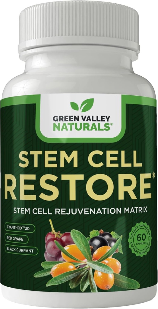 VALLEY NATURALS Stem Cell Supplement - Bio Tibétain Sea Buckthorn-Resveratrol, Vitamine D, Extrait de Chapeau Bishop (1 bouteille, 60 comte)