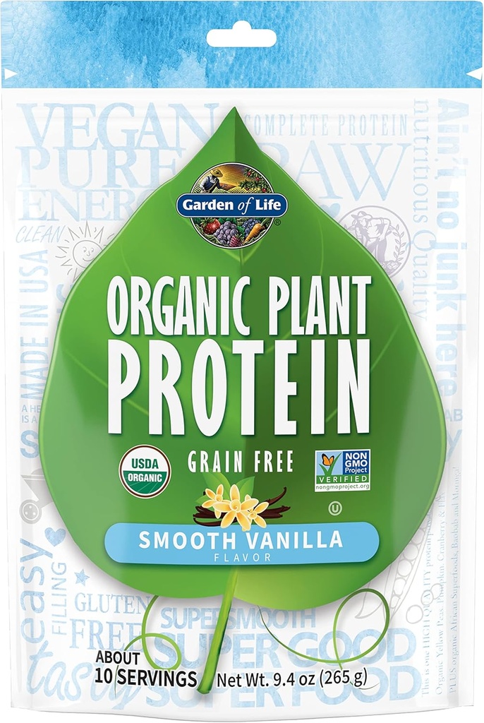Garden of Life Organic Plant Protein Smooth Vanilla Powder, 10 Servings - Vegan, Grain Free & Gluten Free Plant Based Shake with 1 Billion CFU Probiotics & Enzymes, 15g Protein