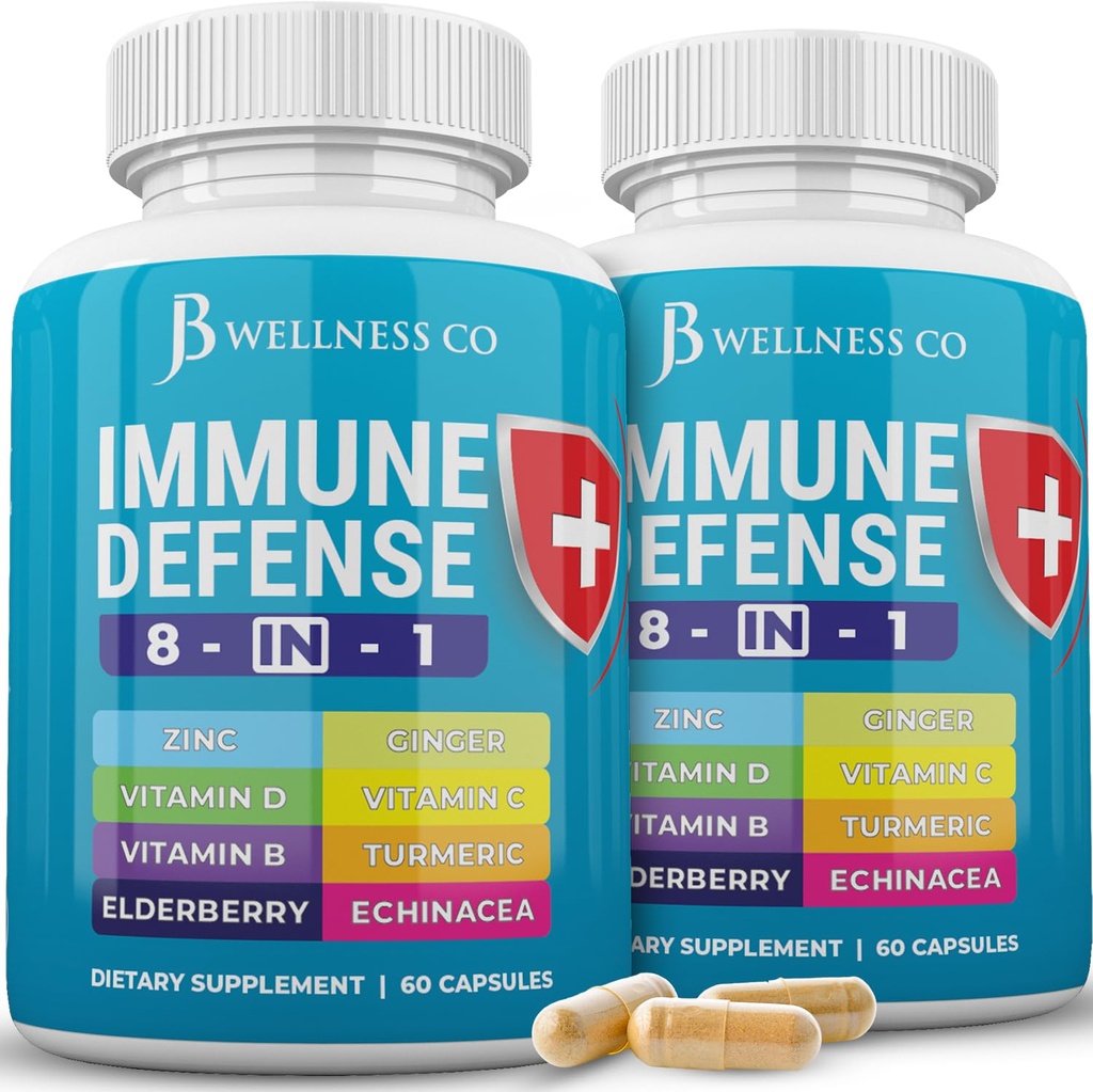 Support immunitaire 8 capsules en 1 - Supplément de zinc, vitamine D3, vitamine C et sureau - Immune Booster Ginger Racine et curcuma - [2-Pack]