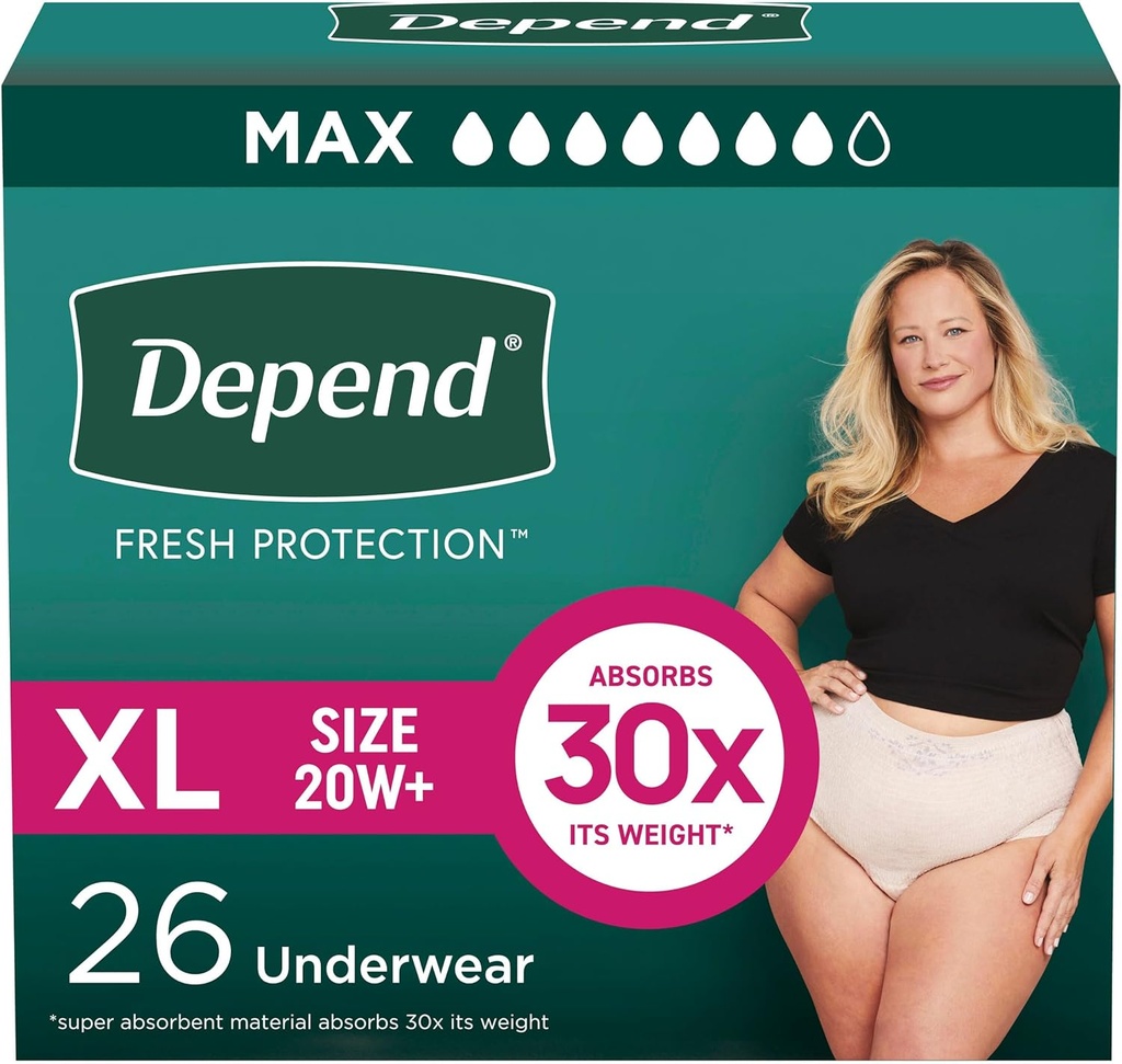 Depend Fresh Protection Couches pour adultes, Incontinence & Postpartum Bladder Sous-vêtements pour femmes, jetable, maximum, extra-large, Blush, 26 Compte, Emballage Mai Varier