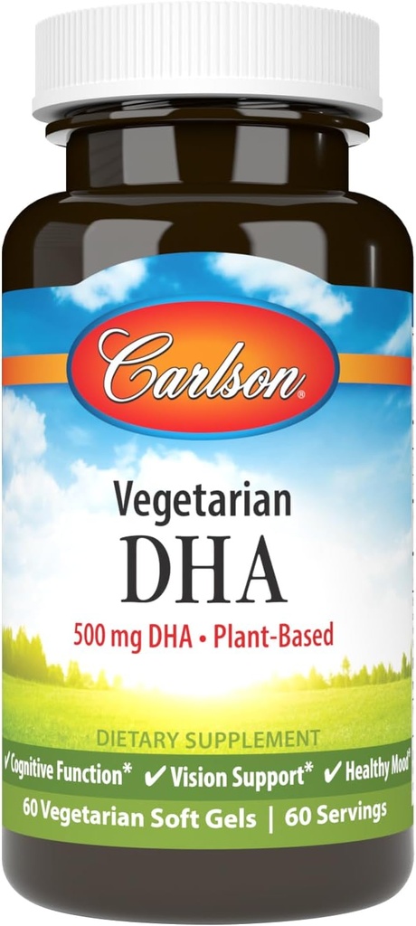 Carlson - Végétarien DHA, 500 mg DHA, basé sur des plantes, provenant d'algues, soutien du cerveau, santé de l'humeur, 60 softgels