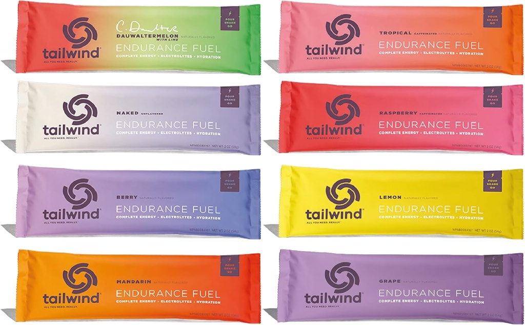 Tailwind Grab-and-Go Endurance Carburant à usage unique Assortiment de saveurs (paquet de 8) - Mélange de boisson d'hydratation avec électrolytes, glucides - Non-OGM, sans gluten, végétalien, sans soja ou lait