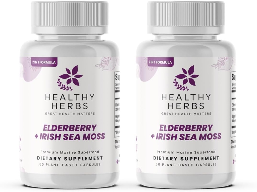 Herbes saines Wildcrafted Elderberry Sea Moss Capsules: 2600mg Irish Sea Moss + Elderberry Essentials Blend: mélange américain, végétalien, non-OGM, facile à avaler (2-pack)