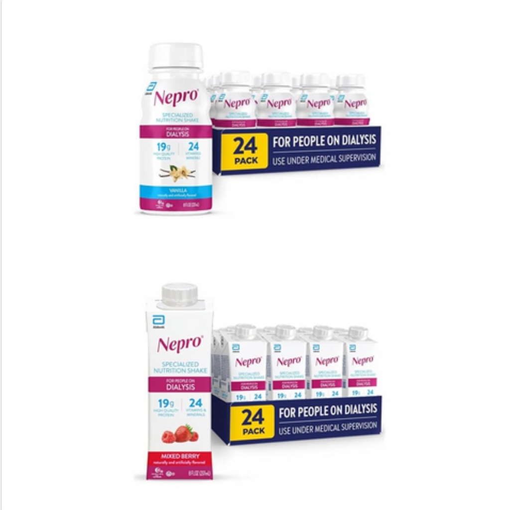 Nepro Nutrition Shake pour les personnes en dialyse, Vanille, 8 fl oz, (paquet de 24) et Nepro Nutrition Shake pour les personnes en dialyse, Berry mixte, 8 Fl Oz (paquet de 24)