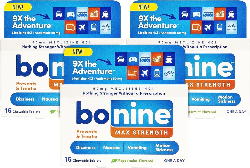 Bonine MAX Chewable for Motion Sickness Relief - avec la méclizine HCL 50mg - Formule de force maximale pour traiter la nausée ou la maladie de mouvement - Essentiels de croisière - menthe poivrée - 16 comprimés à croquer, 3 paquets