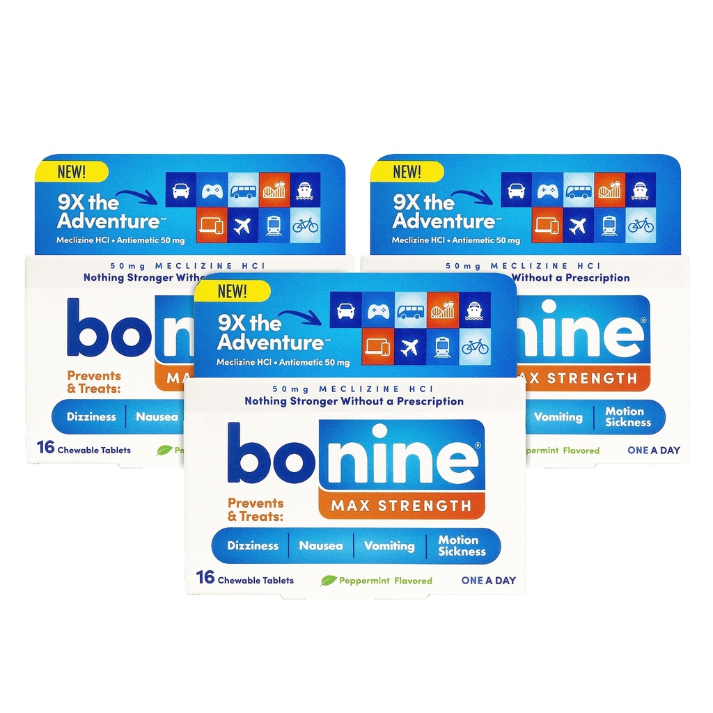 Bonine MAX Chewable for Motion Sickness Relief - avec la méclizine HCL 50mg - Formule de force maximale pour traiter la nausée ou la maladie de mouvement - Essentiels de croisière - menthe poivrée - 16 comprimés à croquer, 3 paquets