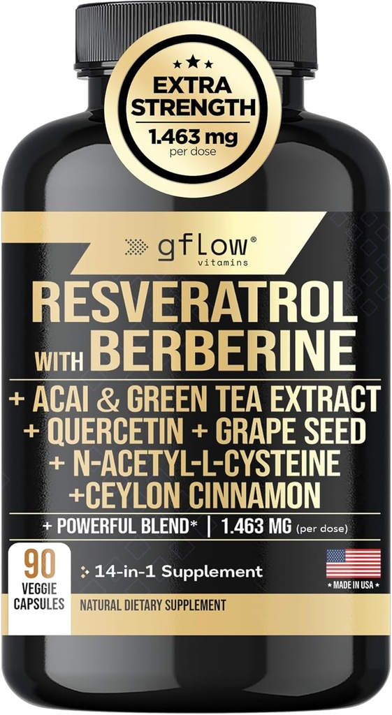 Supplément resvératrol avec extrait de thé vert berbère, cannelle Ceylan, graines de raisin & Quercetin1000mg Quercetin, N Cystéine d'acétyle, Acai
