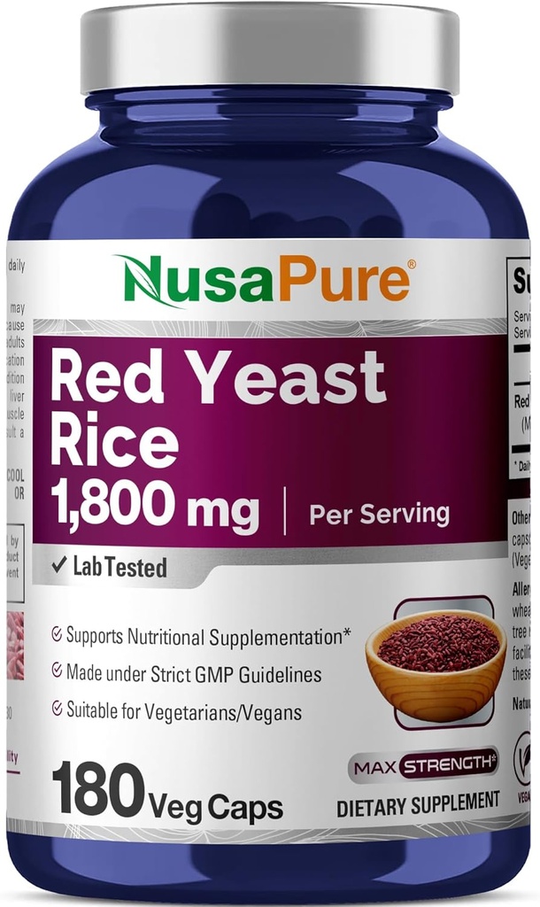 NusaPure Red Yeast Rice 1800mg 180 Veggie Capsules (Non-GMO, Vegan)