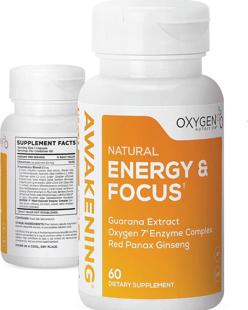 Awakening Natural Energy & Focus Nootropic Supplement with Panax Ginseng, Guarana Extract & Chromium Picolinate | Brain Supplement for Focus, Energy, Mood & Clarity | Gluten Free Veggie, USA - 60 Caps