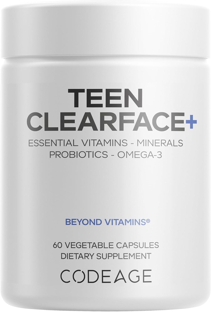 Codeage Adolescents Clairface Adolescents Visage, Peau et Pinceaux, Vitamines A, C, D3, E, Acide pantothénique, Niacine, Supplément de zinc Adolescents, Probiotiques, L-Lysine, Oméga-3, Peau huileuse, Porcs, Spots - 60 Capsules