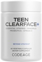 Codeage Adolescents Clairface Adolescents Visage, Peau et Pinceaux, Vitamines A, C, D3, E, Acide pantothénique, Niacine, Supplément de zinc Adolescents, Probiotiques, L-Lysine, Oméga-3, Peau huileuse, Porcs, Spots - 60 Capsules