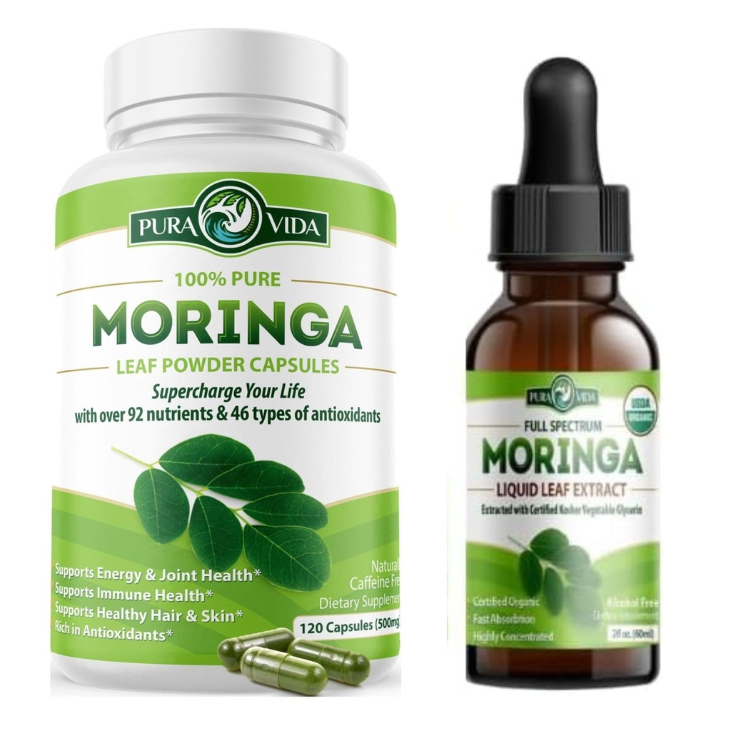 PURA VIDA MORINGA Capsules (120 Nombre) et gouttes d'extrait de feuille de Moringa (2fl oz)