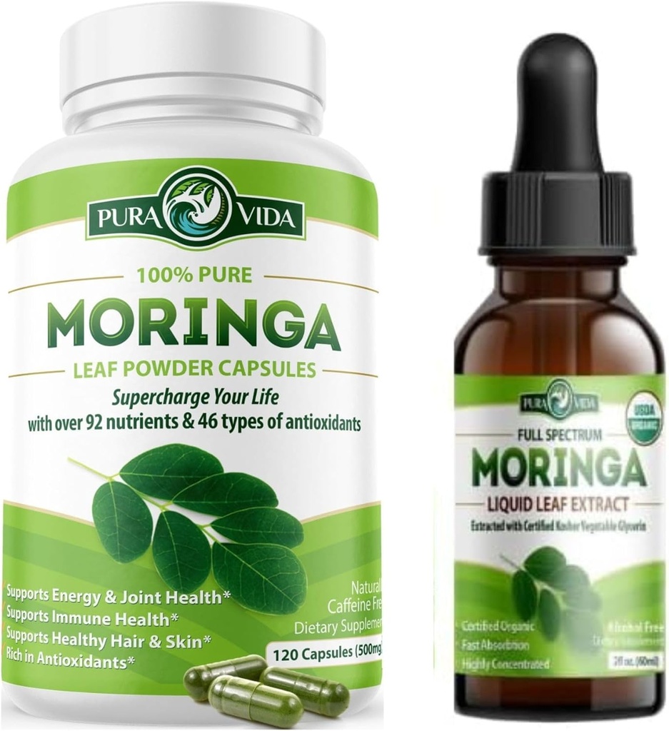 PURA VIDA MORINGA Capsules (120 Nombre) et gouttes d'extrait de feuille de Moringa (2fl oz)