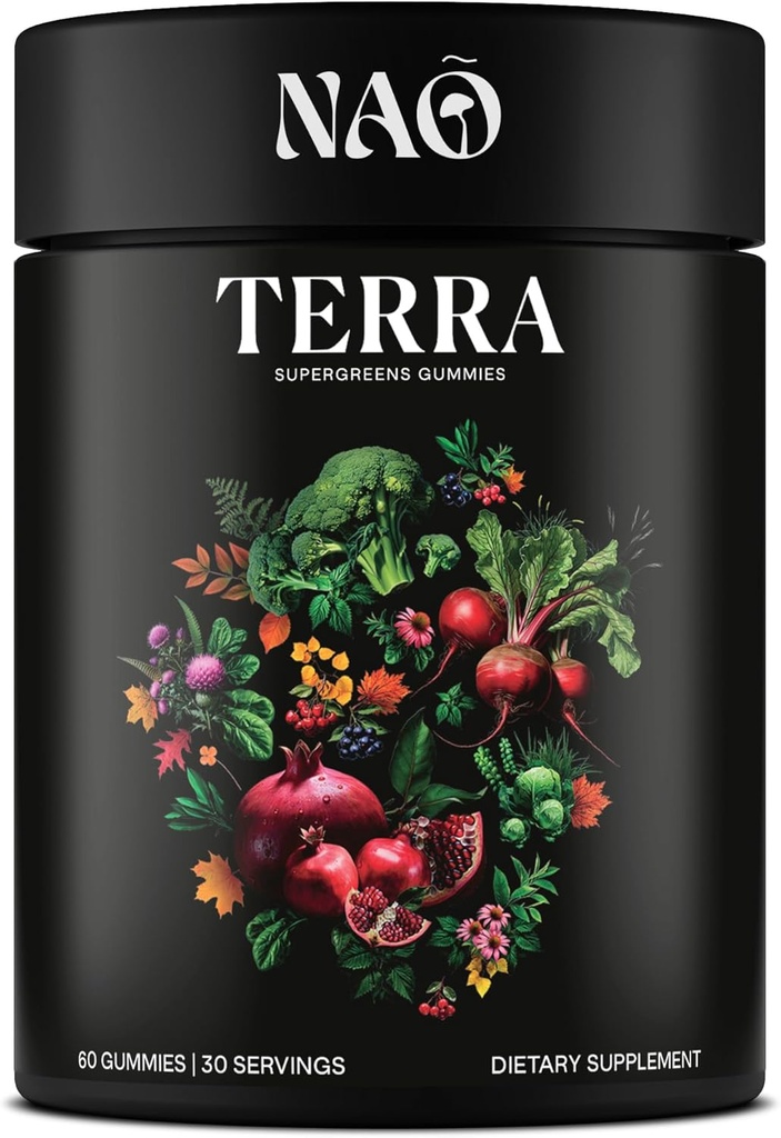 Terra Supergreens Gummies – 18 ingrédients super-alimentaires avec Spiruline, Chlorella, Turmeric, Reishi & Ashwagandha – Supplément quotidien antioxydant, Detox & Immune – Vegan, Non-OGM, Fabriqué aux États-Unis