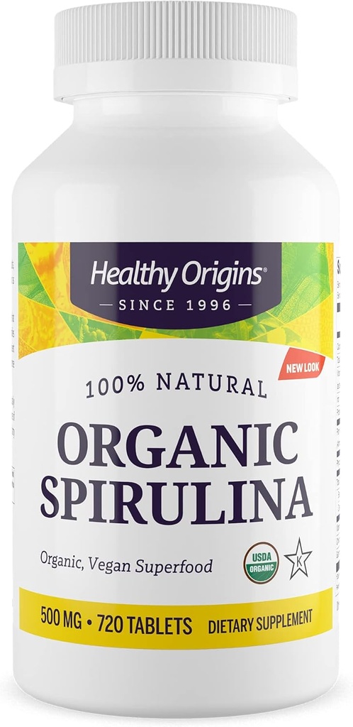 Origines saines Spiruline biologique 500 Mg (Certifié biologique, certifié Kosher, naturel, non-OGM, sans gluten, super-aliments végétaliens), 720 comprimés