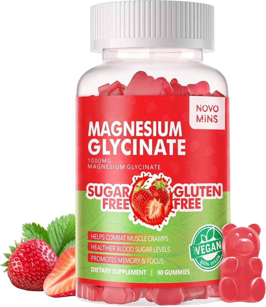 90 CT Glycinat de magnésium Gommies - Supplément de potassium de magnésium sans sucre avec vitamine D, B6, CoQ10 pour calme d'humeur et de sommeil - 90 Gommies de fraise