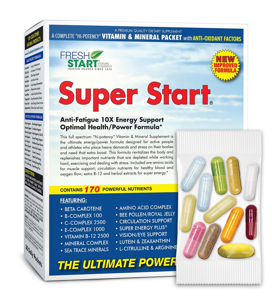 Super Start Pack Vitamine quotidien complet de 10X Energy & Stamina Booster, Soutien musculaire de Vitamine A, B, C, D, E, B12, Minéraux, Acides aminés, Pollen des abeilles, Ashwagandha, Panax Ginseng (30 paquets)