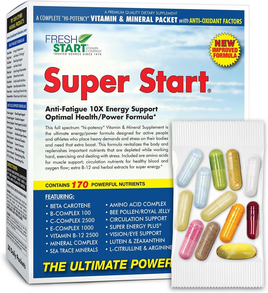 Super Start Pack Vitamine quotidien complet de 10X Energy & Stamina Booster, Soutien musculaire de Vitamine A, B, C, D, E, B12, Minéraux, Acides aminés, Pollen des abeilles, Ashwagandha, Panax Ginseng (30 paquets)