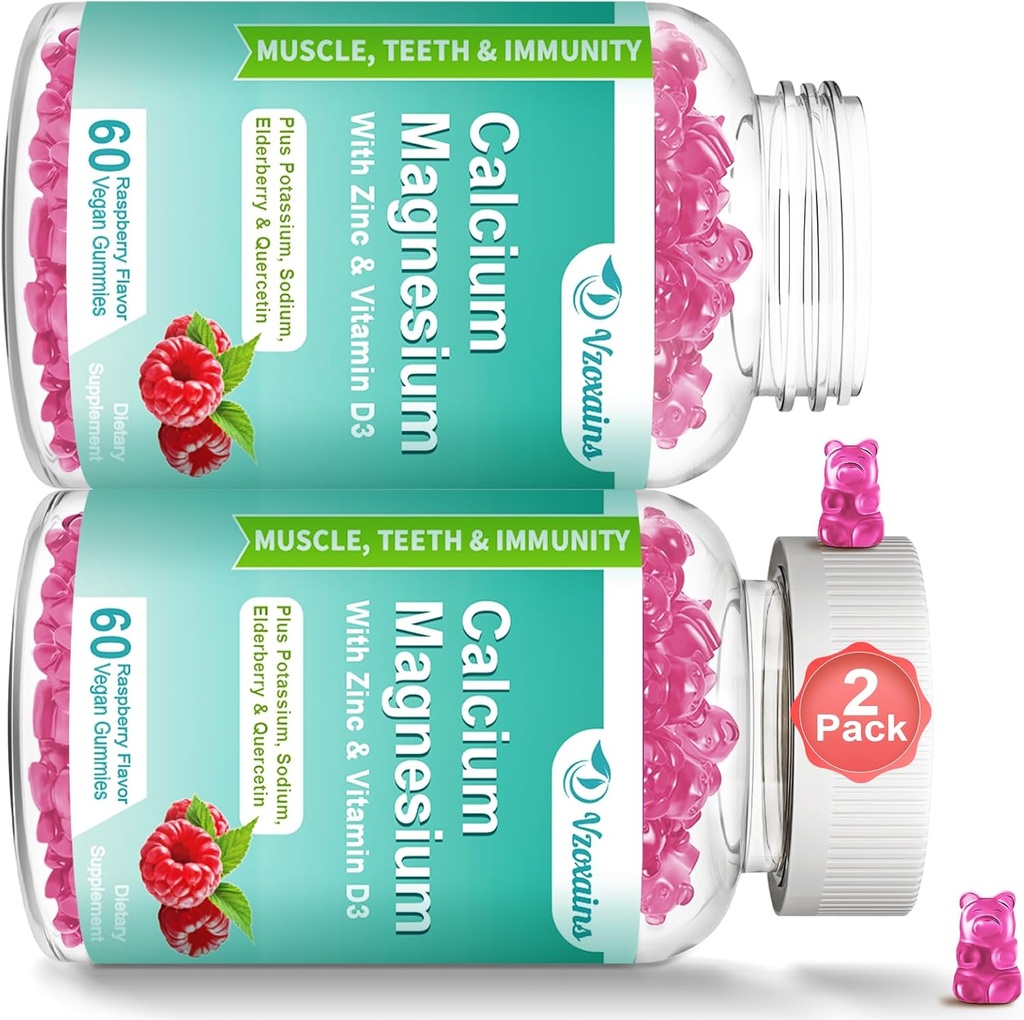 Haute absorption Gommies de calcium, zinc de magnésium de calcium avec glycinate de magnésium, potassium, vitamine D3 pour les femmes et les hommes - Aromatisés aux framboises 120 Cts