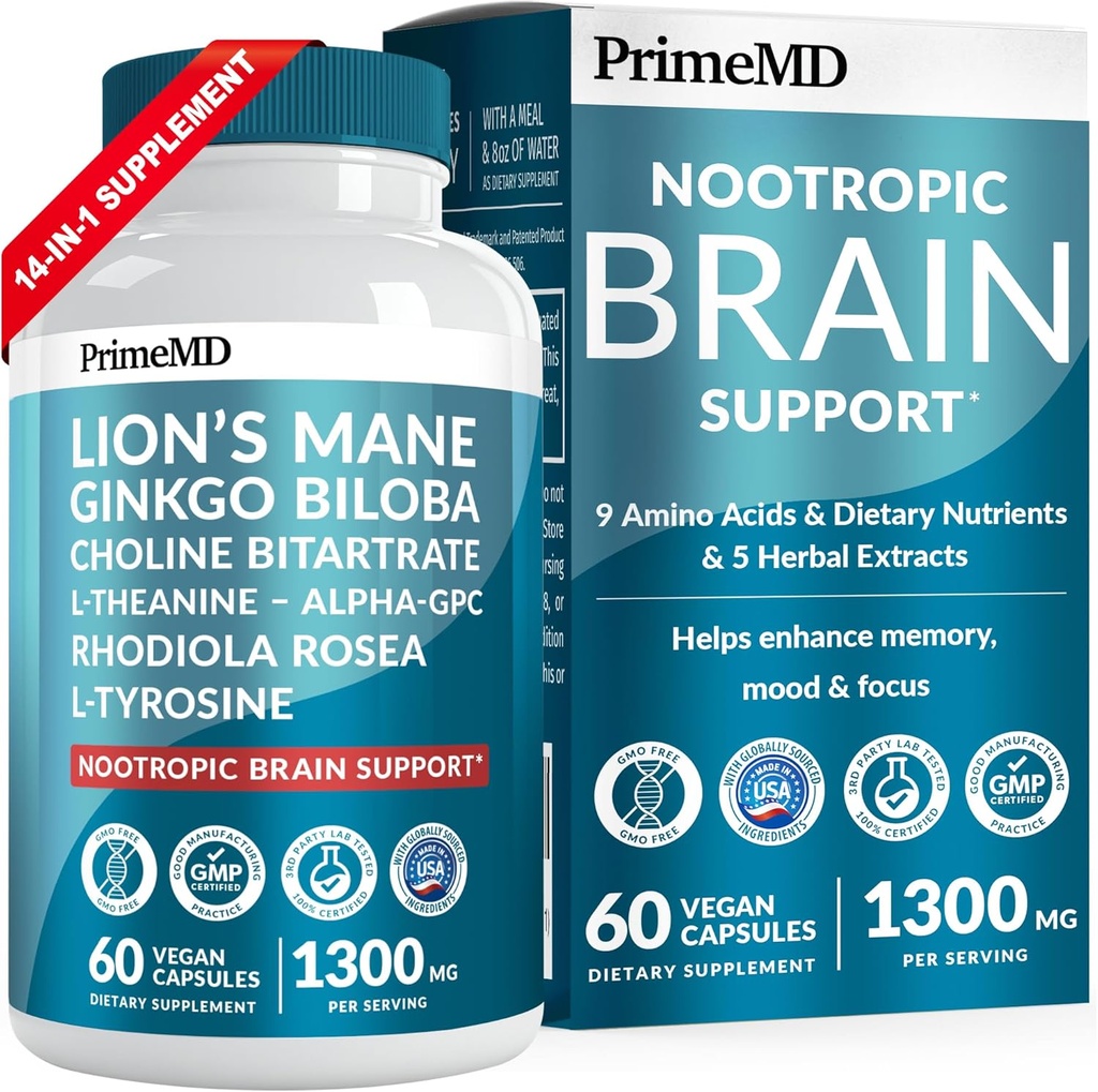 Capsules supplémentaires 14-en-1 Lions Mane - Supplément Cerveau Nootropique avec Ginkgo Biloba pour le soutien, la mémoire et la focalisation du cerveau - Suppléments Alpha GPC, L Theanine et Choline avec 1300mg par portion (60 ct)