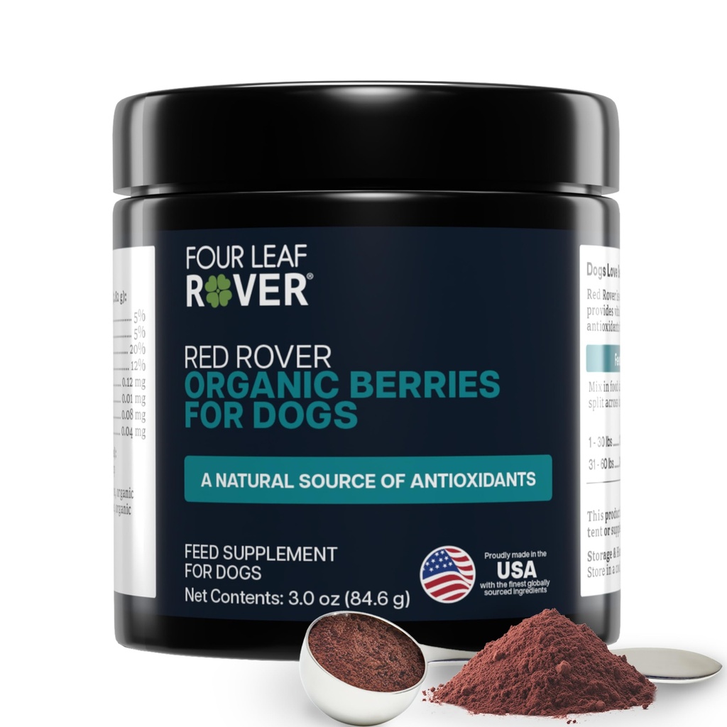 Four Leaf Rover Red Rover - Supplément de tract urinaire pour chien - avec des vitamines des baies organiques et de la pomme - Bonne source de polyphénols et d'antioxydants - 30 gros portions pour chiens