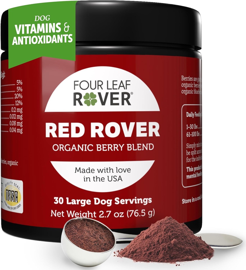 Four Leaf Rover Red Rover - Supplément de tract urinaire pour chien - avec des vitamines des baies organiques et de la pomme - Bonne source de polyphénols et d'antioxydants - 30 gros portions pour chiens
