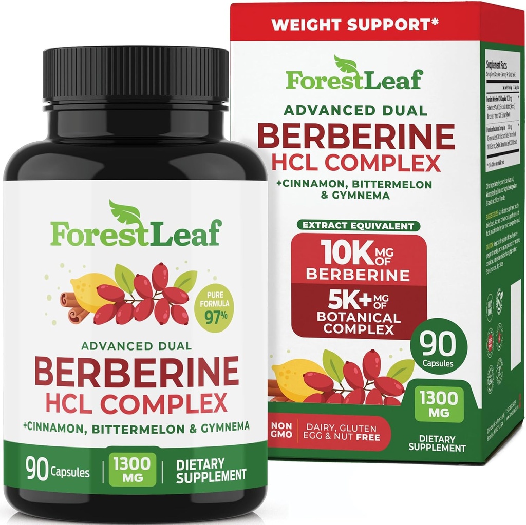 ForestLeaf Berberine Supplement - Formule inspirée GLP-1 - 1300mg par portion - HCl berbère ultra-haute puissance avec Ceylan Cinnamon, Bitter Melon & Gymnema - Weight Management Support - 90 capsules