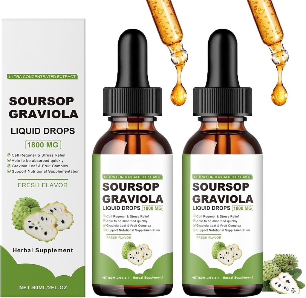 Naturesours Extrait de sourcils organiques purs,Huile de sourcils organiques pour le cancer,Attractions de sourcils liquides,Soursop Graviola gouttes liquides 1800mg, Bon état des plantes, Saveur naturelle (2)