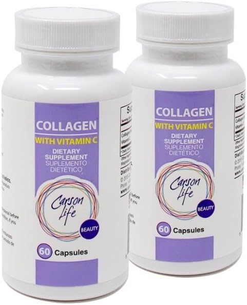 Capsules de collagène Carson Life avec vitamine C - 60 Capsules - Supplément alimentaire pour anti-vieillissement, soutien immunitaire, cheveux sains, peau et ongles - Fabriqué aux États-Unis (2 Pack)