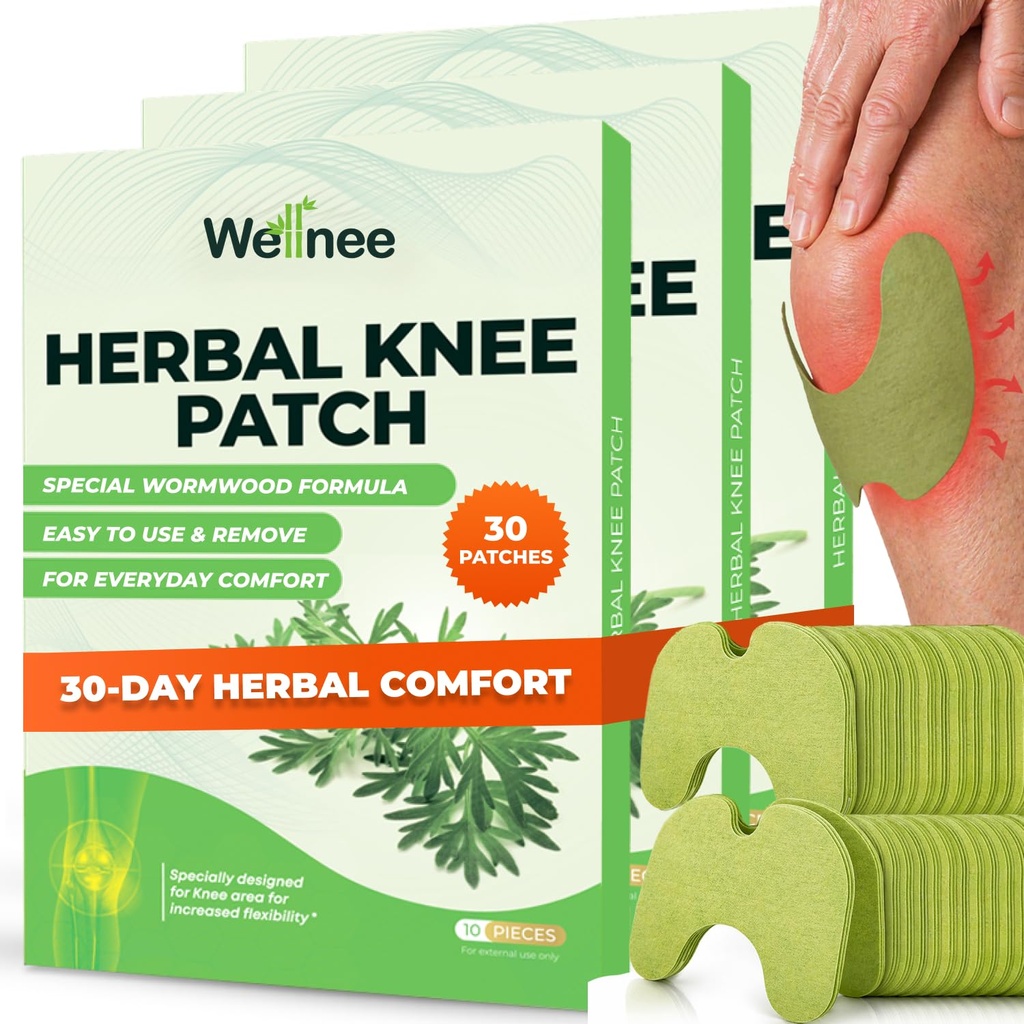 Wellnee Original Knee Patch - Wellknee Platter pour le soutien du genou et la douleur musculaire - Force maximale pour un soulagement temporaire - Patchs de chaleur adhésifs fabriqués avec des herbes naturelles pour le bien-être (30 Pads)