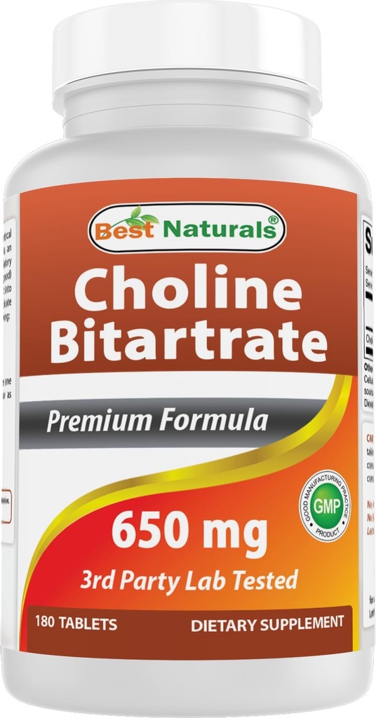 Meilleur bitartrate de choline naturel 650 mg (non-OGM) pour une fonction cérébrale cognitive saine 180 comprimés