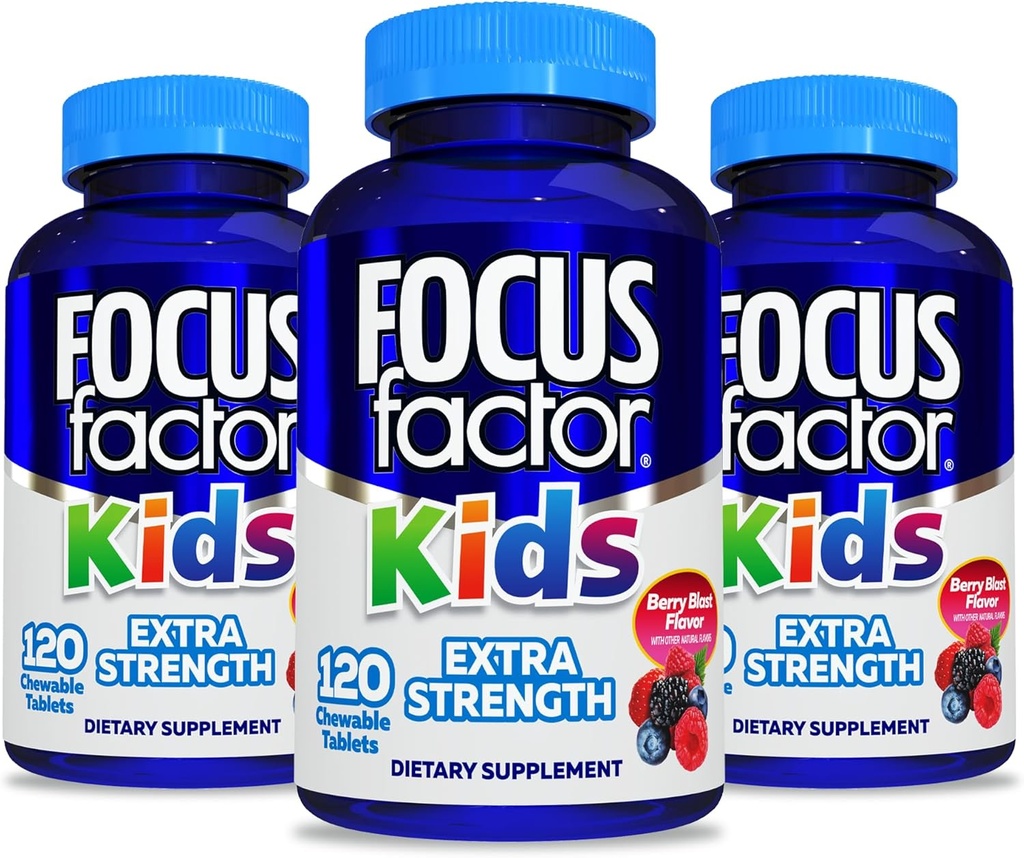 Focus Factor Kids Extra Strength Daily Chewable for Brain Health Support, 120 Compte – Vitamines pour les enfants - Formule de qualité – Suppléments sans gluten et sans lait pour les enfants (3 Pack)