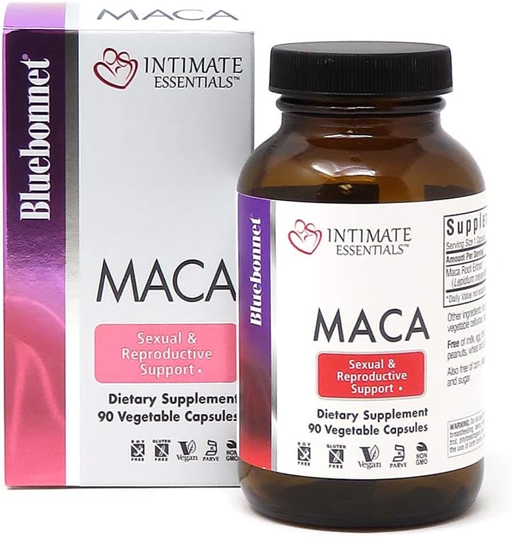 Bluebonnet Nutrition Intimate Essentials Capsules de maca, sans soja, sans gluten, sans OGM, sans produits laitiers, certifié Casher, végétalien, 90 capsules, 90 portions (743715040144)