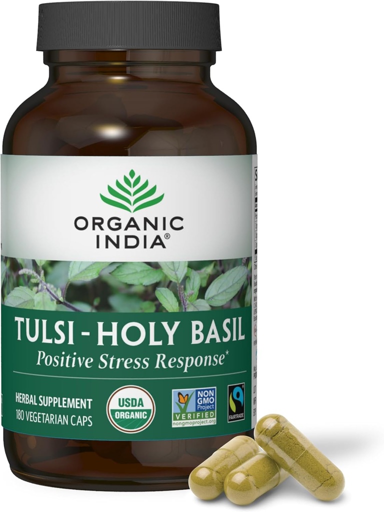 ORGANIC INDIA Tulsi Holy Basil Capsules - Holy Basil Extract, Herbal Supplement, Immune Support, Stress Relief, Vegan, Gluten-Free, Kosher, Organic, Non-GMO - 180 Capsules