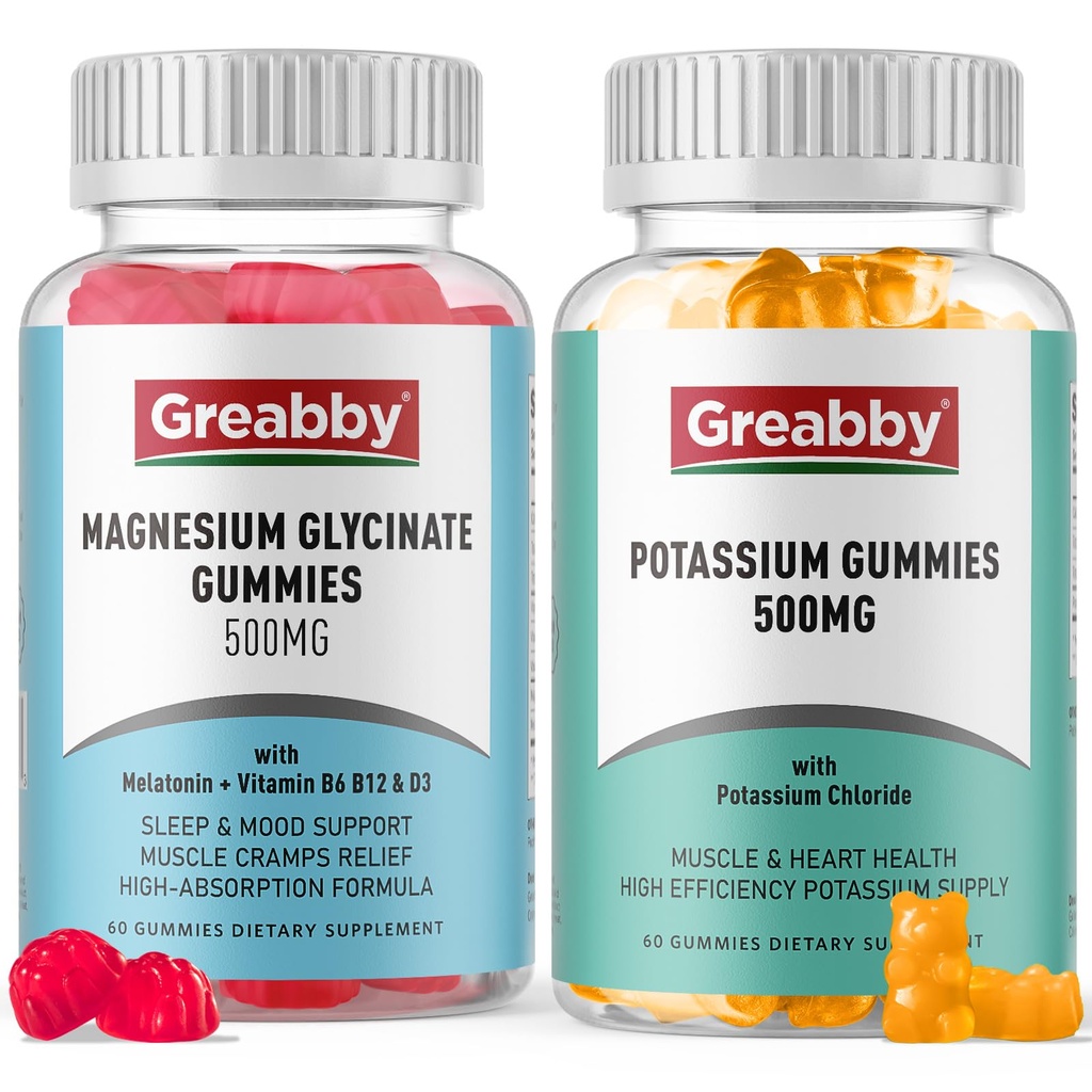 Gommies de potassium et Gommies de magnésium, Chlorure de potassium 500mg, Glycinat de magnésium 500mg, Suppléments minéraux pour la famille