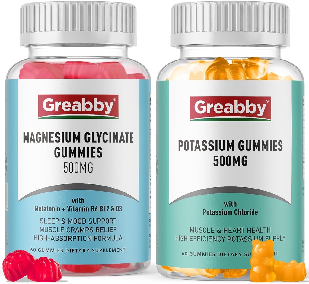 Gommies de potassium et Gommies de magnésium, Chlorure de potassium 500mg, Glycinat de magnésium 500mg, Suppléments minéraux pour la famille