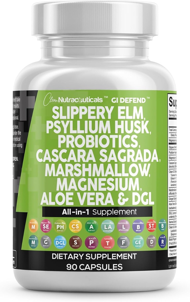 Nettoyer les nutraceutiques Slippery Elm Psyllium Husk Pré Probiotique Gut digestif Supplément santé avec Aloe Vera Cascara Sagrada Marshmallow Racine DGL Extrait de Senna de réglisse