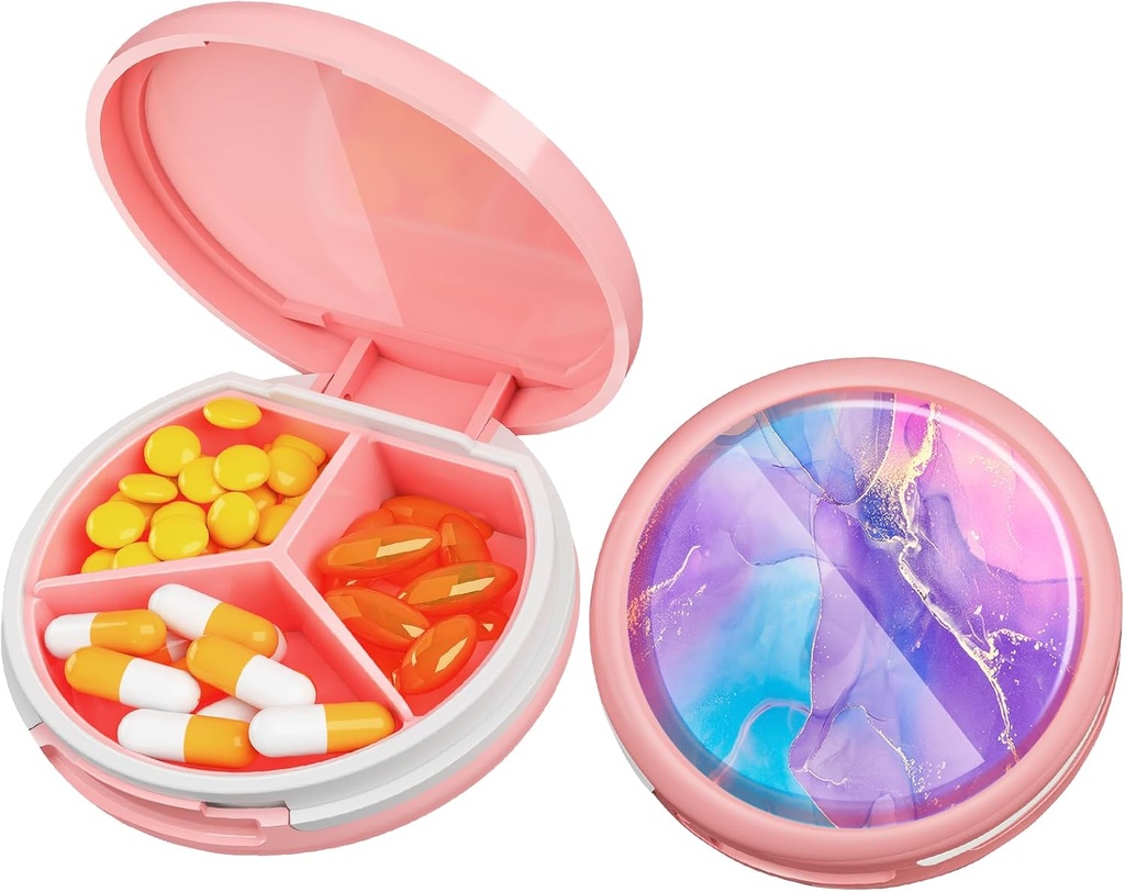 Serfeymi Petite Pill Box - 3 Compartiments Portable Pill Box pour la poche de Purse, Compact Mini Travel Pill Case - Convient pour la médecine, la vitamine, l'huile de poisson, les suppléments - Rose(Art bleu)