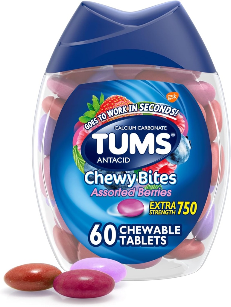 TUMS Chewy Bites Comprimés antiacides pour le soulagement des brûlures d'estomac et le soulagement de l'indigestion acide, baies assorties - 60 Nombre