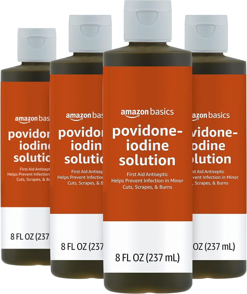 Amazon Basics First Aid Antiseptic, 10% Povidone Iodine Solution, 8 Fl Oz, Pack of 4